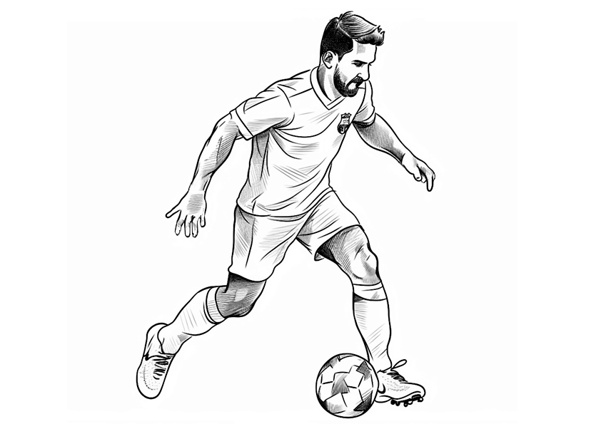 Dibujos de fútbol para colorear. Dibujo de un futbolista controlando un balón en un partido de fútbol.