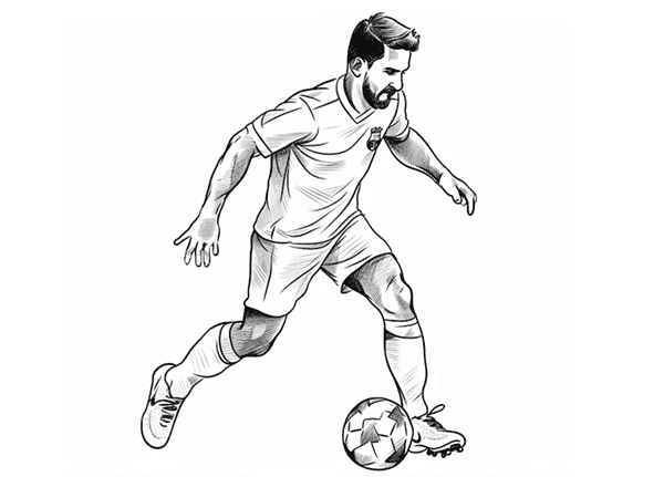 Dibujo de un futbolista controlando un balón en un partido de fútbol
