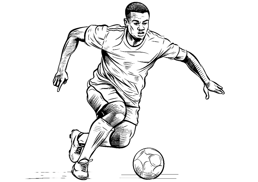 Dibujos de fútbol para colorear. Dibujo de un jugador de fútbol iniciando un regate con el balón.
