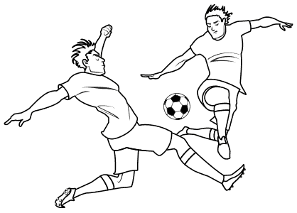 Dibujos de fútbol para colorear. Dibujo de un defensa impidiendo una acción de peligro de un delantero.
