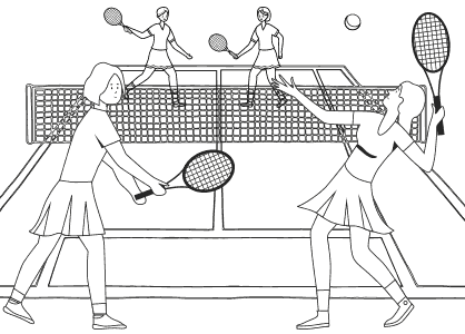 Dibujos de tenis. Dibujo de dos chicas jugando al tenis por parejas o torneo de dobles.