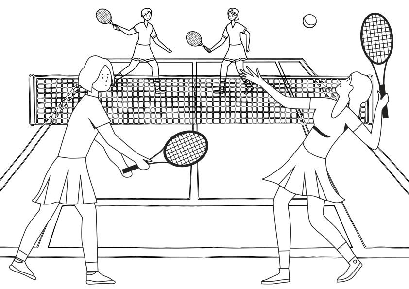 Dibujo para colorear de 2 chicas jugando un partido de tenis de dobles