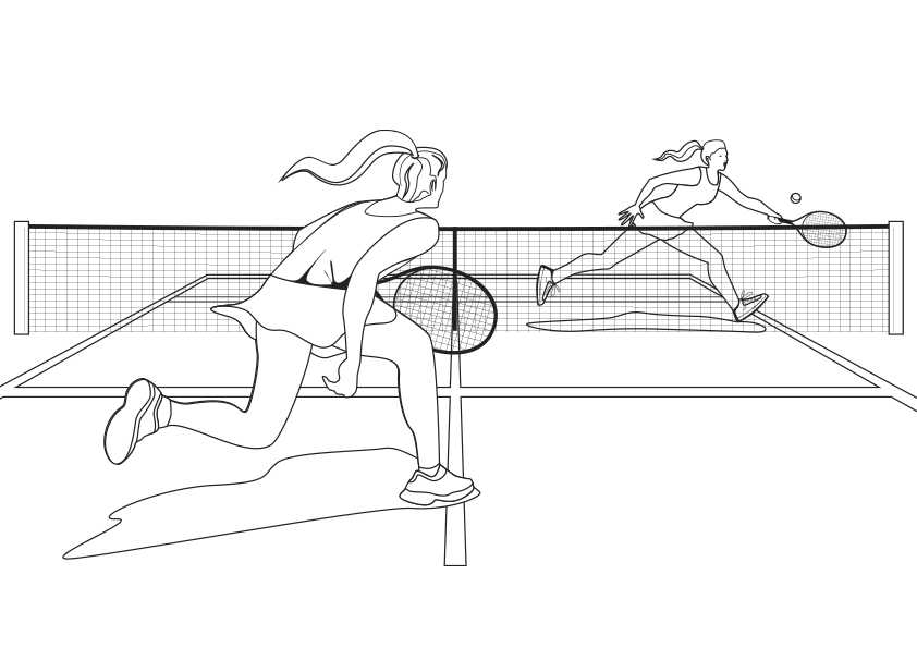 Dibujos de deportes, dibujo de 2 chicas jugando al tenis para colorear