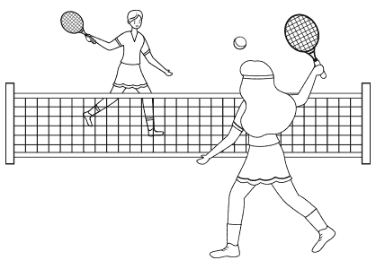 Dibujos de tenis para colorear. Dibujo de dos chicas jugando al tenis individual.