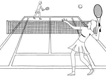 Dibujos de tenis. Dibujo de dos chicas jugando un partido de tenis femenino.