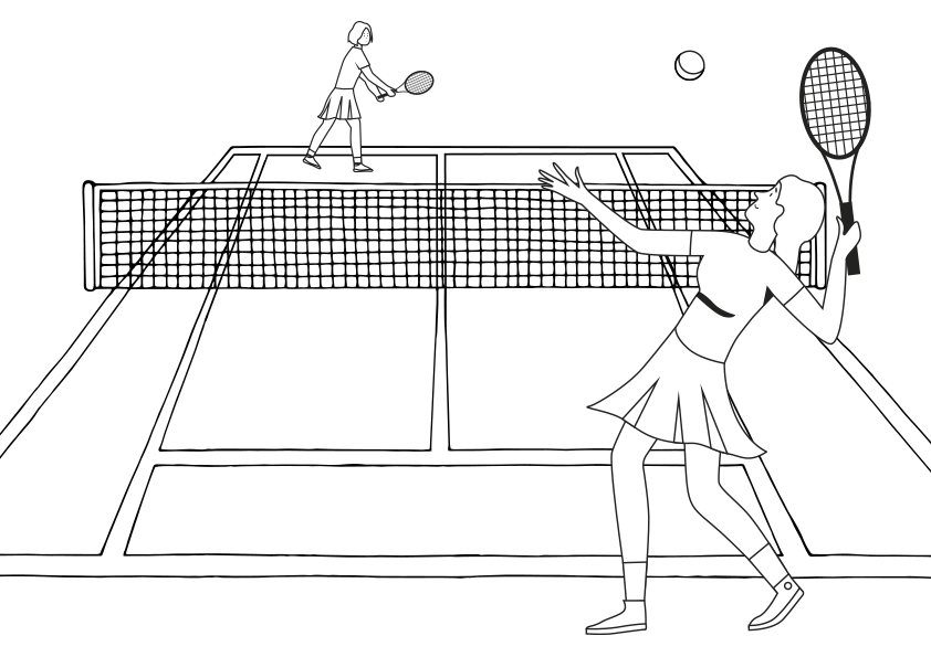 Dibujo para colorear de 2 chicas jugando un partido de tenis