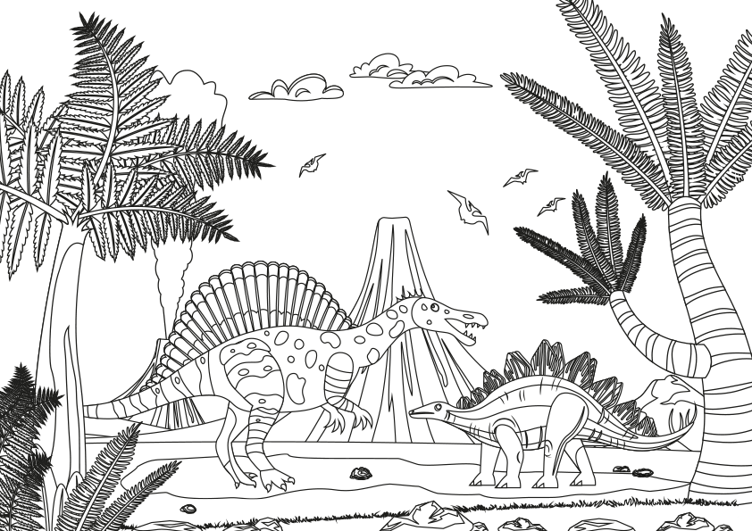 Dibujo para colorear dos dinosaurios en un valle prehistórico. Two dinosaurs in a prehistoric valley coloring page.