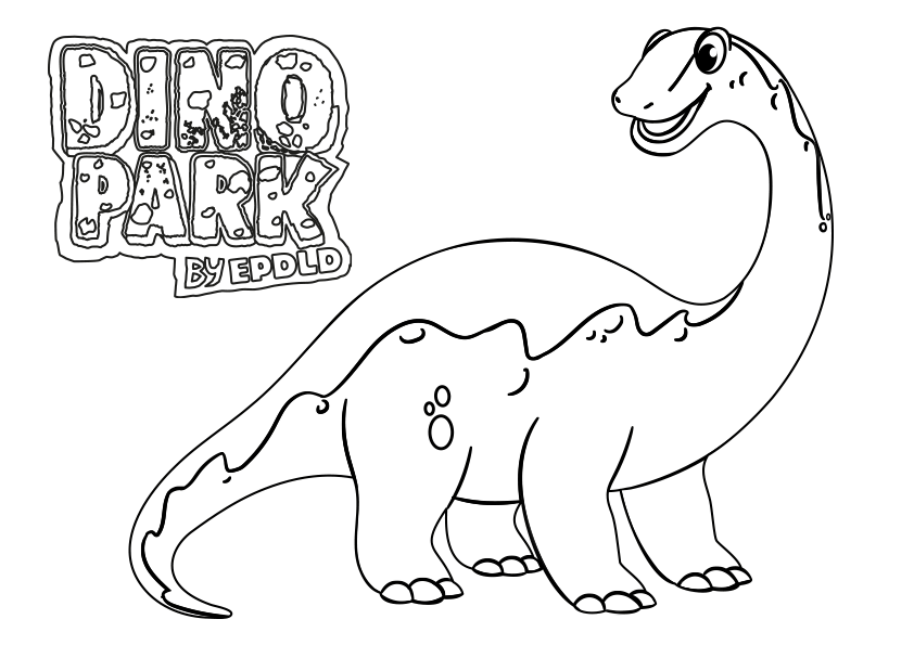 Dibujo para colorear un dinosaurio brontosaurio con el logo de Dino Park. A brontosaurus dinosaur with Dino Park logo coloring page.