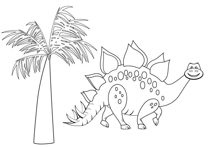 Dibujos de dinosaurios para colorear. Dinosaurio caminando feliz junto a un árbol palmera. Happy walking dinosaur next to a palm tree.
