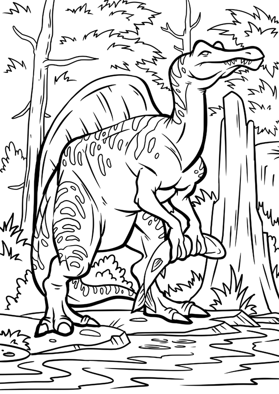 Dibujos de dinosaurios para colorear. Dinosaurio pescando un pez para comer. Drawing of a dinosaur catching a fish to eat. Printable dinosaurs coloring pages.