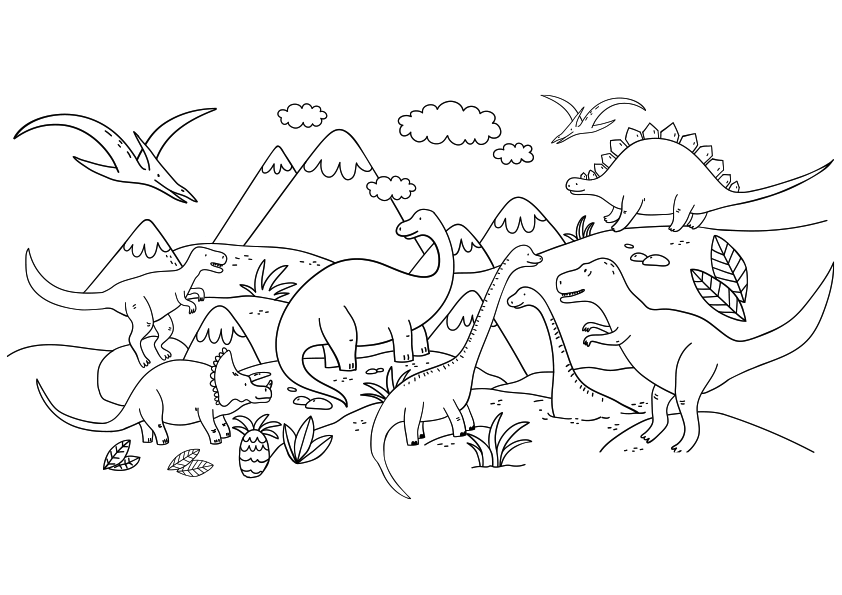 Dibujo con escena de dinosaurios en un valle. Drawing with scene of  dinosaurs in a valley.