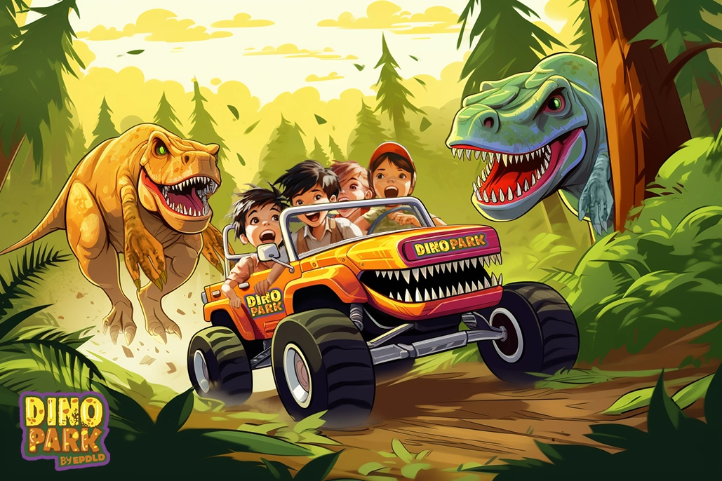 Dinosaurios de Dino Park 6. Dinosaurios corren detrás de vehículo todoterreno de Dino Park con unos chicos dentro.