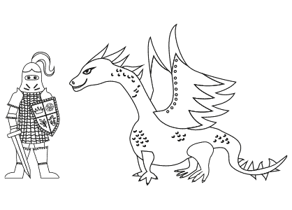 Dibujo para colorear un caballero medieval con un dragón. Iconos de las historias medievales de caballerías que proliferaron en Europa en la Edad Media