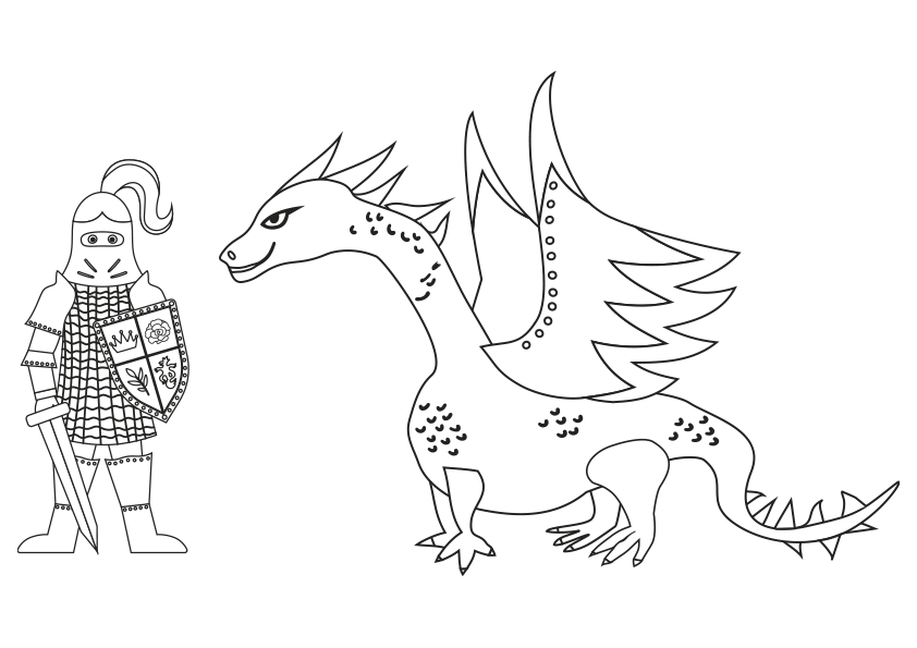 Dibujo de un caballero medieval que lucha contra un dragón