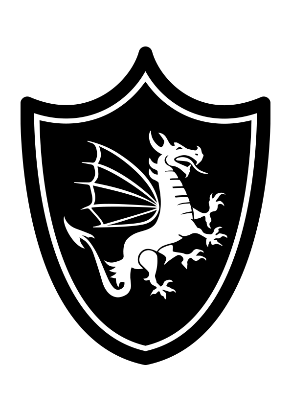 Dibujo esquemático de un escudo con la silueta en blanco y negro de un dragón medieval europeo