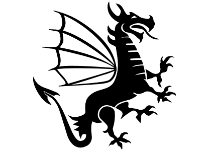 Dibujo esquemático de la silueta en blanco y negro de un dragón medieval europeo