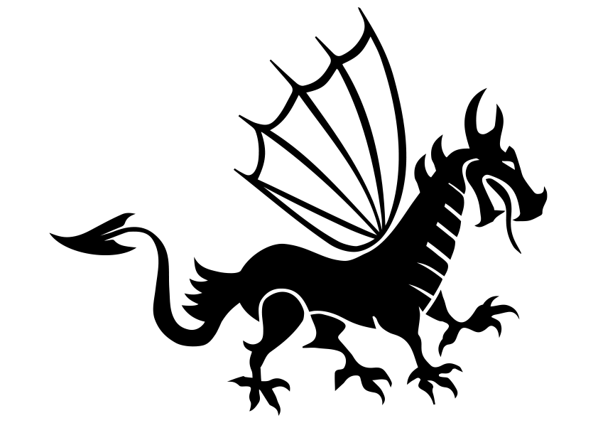 Dibujo esquemático de la silueta en blanco y negro de un dragón medieval europeo que está andando