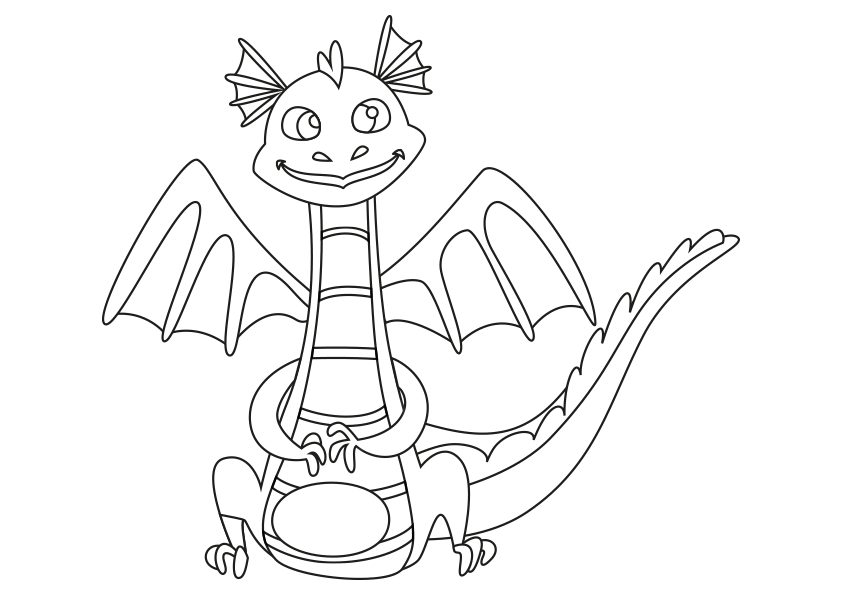 Dibujo para colorear un dragón sonriente sentado, amigo de los niños
