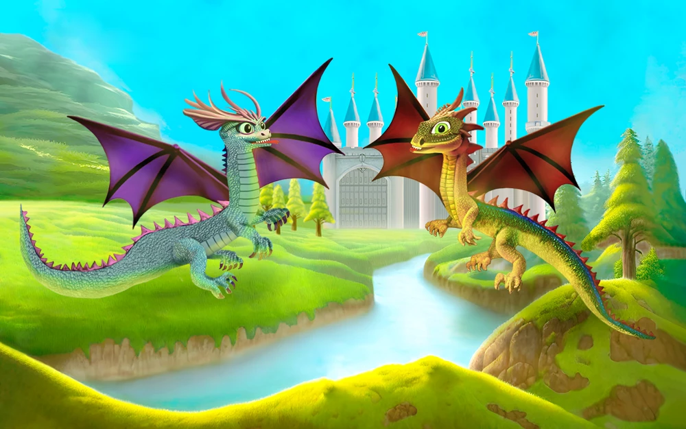 Dibujo de los dragones Draco y Exer en el reino mágico de Alasia