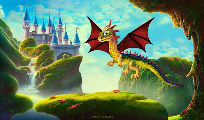 Dibujo de un dragón mágico en un reino de fantasía