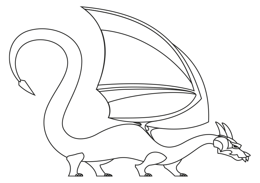 Dibujo para colorear un dragón alado que camina sigilosamente.