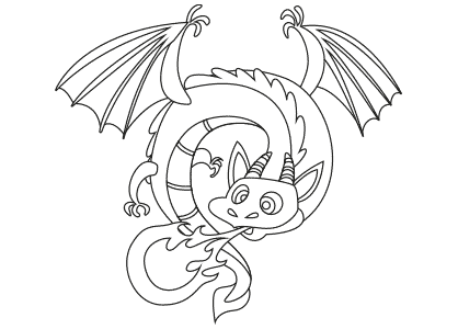 Dibujos de dragones. Dibujo para colorear un dragón enroscado que echa fuego por la boca.