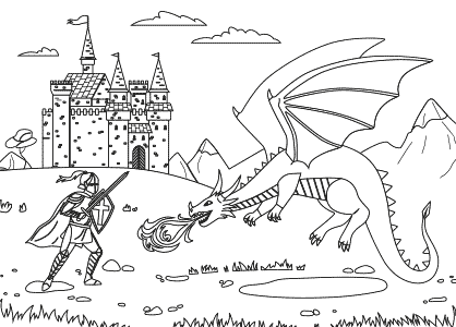 Dibujo para colorear un caballero medieval que lucha contra un dragón europeo, que escupe fuego por la boca, delante de un castillo de la Edad Media