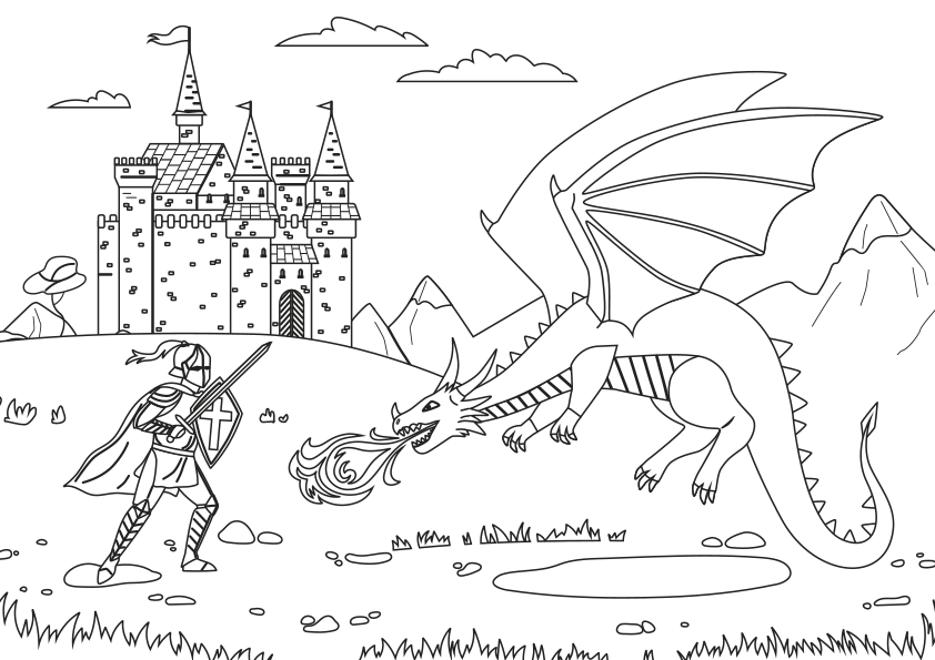 Dibujo de un caballero medieval que lucha contra un dragón que escupe fuego por la boca, delante de un castillo de la Edad Media en Europa