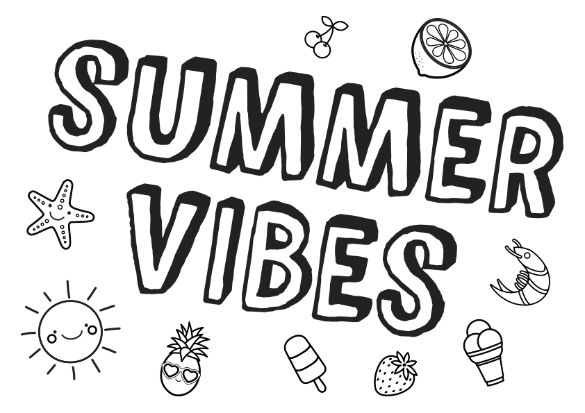 Dibujos del verano. Dibujo para colorear un cartel con las palabras summer vibes. A poster with the words summer vibes coloring page.