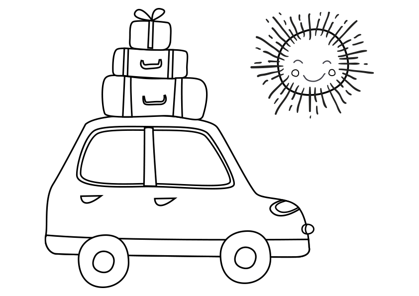 Dibujos del verano. Dibujo para colorear un coche con maletas que se va de vacaciones. A car with suitcases going on holidays coloring page.