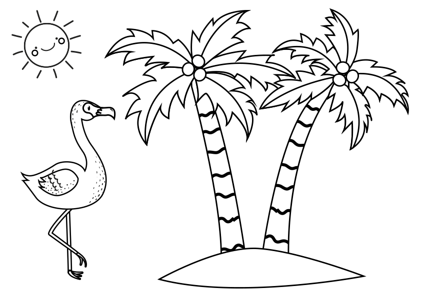 Dibujos del verano. Dibujo para colorear unas palmeras con un flamenco o pelícano. Some palm trees with a flamingo or pelican coloring page.