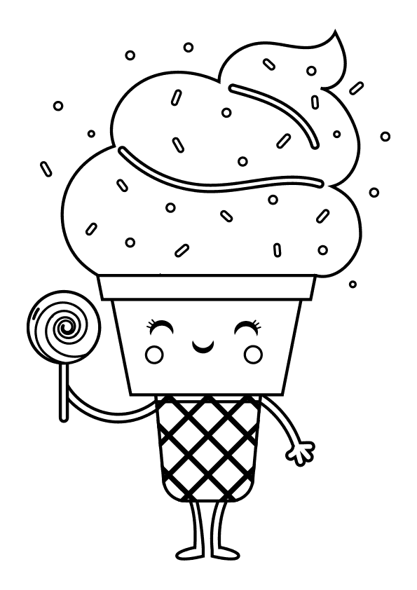 Dibujos del verano. Dibujos kawaii para el verano. Dibujos kawaii. Dibujo para colorear un helado kawaii. Una piña con tabla de surf. A kawaii ice cream coloring page.