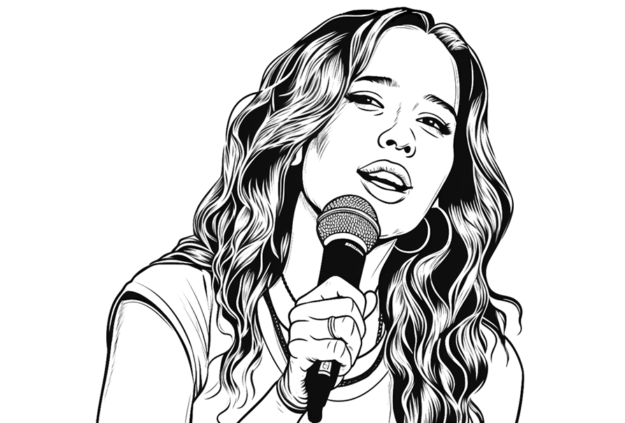 Dibujo de una cantante con un micrófono para colorear. Dibujo de una chica cantando con un micrófono en la mano.
