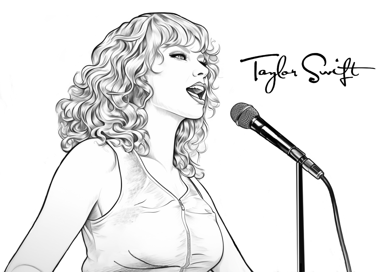 Dibujo en blanco y negro de Taylor Swift cantando delante del micrófono. Firma de Taylor Swift.