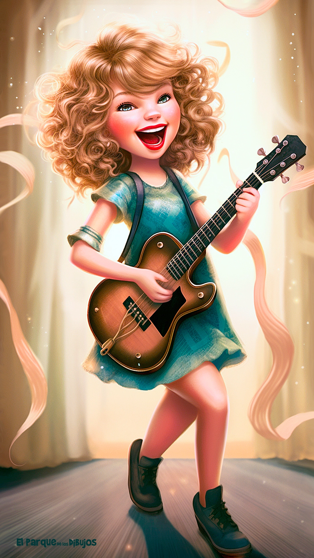 Ilustración en color de Taylor Swift con la guitarra para descargar e imprimir