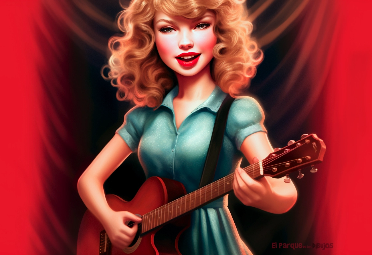 Ilustración de la cantante Taylor Swift con una guitarra sobre fondo rojo