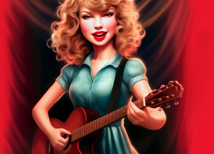 Ilustración de la cantante Taylor Swift sobre fondo rojo