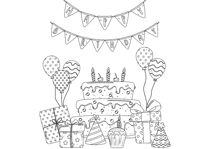 Dibujo para colorear de una fiesta de cumpleaños. Dibujo de una tarta de cumpleaños con globos y regalos. Birthday cake with balloons and gifts coloring page