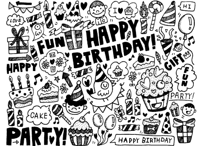 Dibujo para colorear de motivos gráficos con las letras Happy Birthday