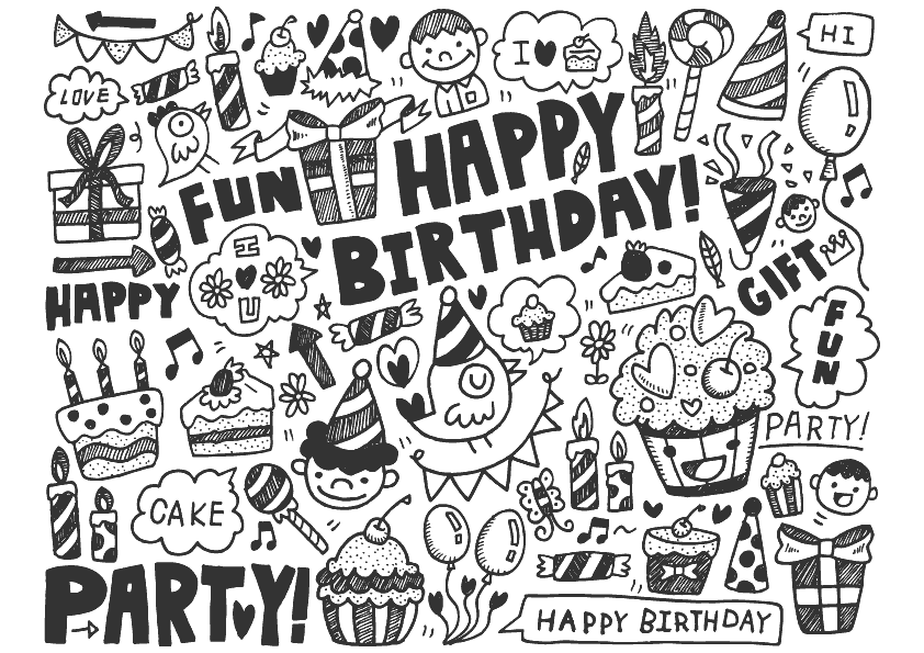 Dibujo para colorear de motivos gráficos de cumpleaños con el texto Happy Birthday. Happy birthday graphic icons coloring pages