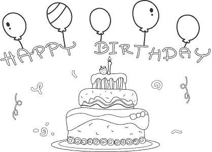 Dibujo para colorear una tarta de cumpleaños con globos y letras Happy Birthday