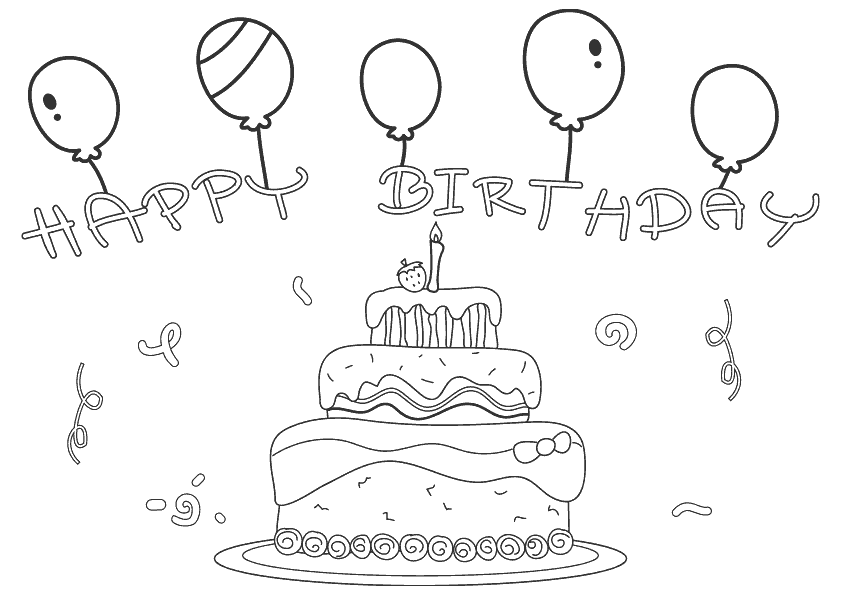 Dibujo para colorear de una fiesta de cumpleaños. Letras Happy Birthday con tarta de cumpleaños y globos. Birthday cake and balloons coloring page