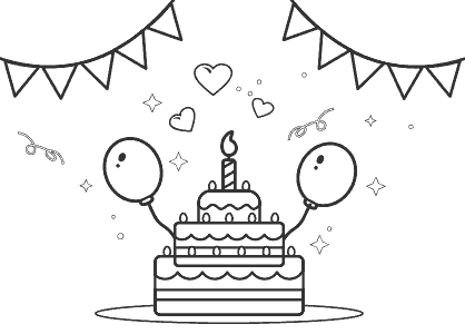 Dibujo para colorear una tarta de cumpleaños con globos