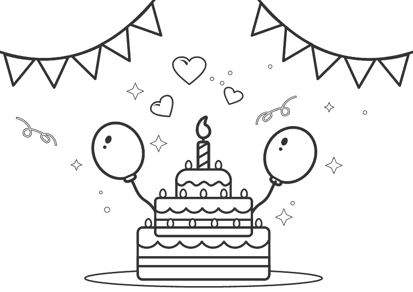  Dibujo para colorear de cumpleaños, tarta con globos. Birthday cake and balloons coloring page