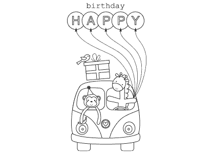Dibujo para colorear un mono y un caballo en una furgoneta de cumpleaños
