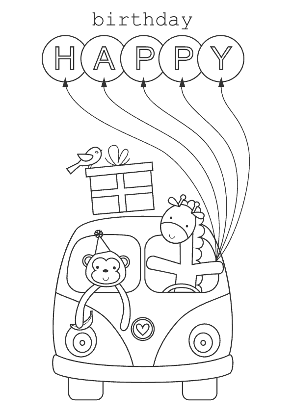 Dibujo para colorear de un mono y un caballo en una furgoneta de cumpleaños. Happy birthday drawing with a monkey and a horse coloring pages