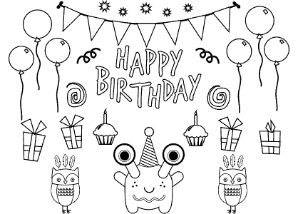 Dibujo para colorear las letras Happy Birthday y un monstruo