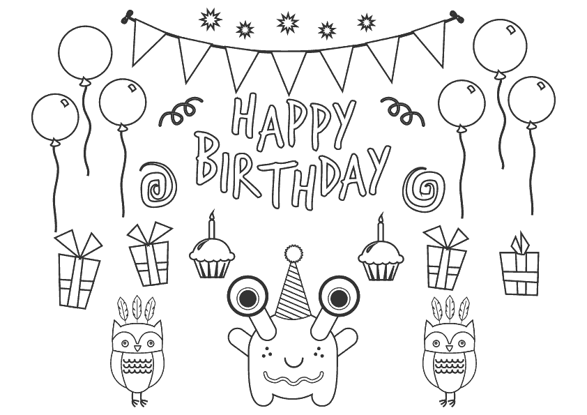 Dibujo para colorear de motivos gráficos de cumpleaños con el texto Happy Birthday y un monstruo. Happy birthday graphic icons with a monster coloring pages.