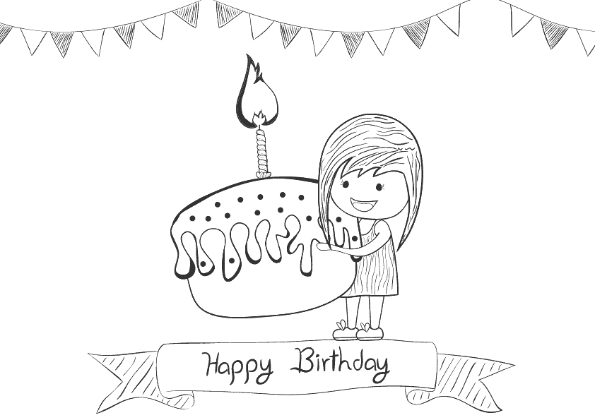 Dibujo para colorear una niña con una tarta de cumpleaños.