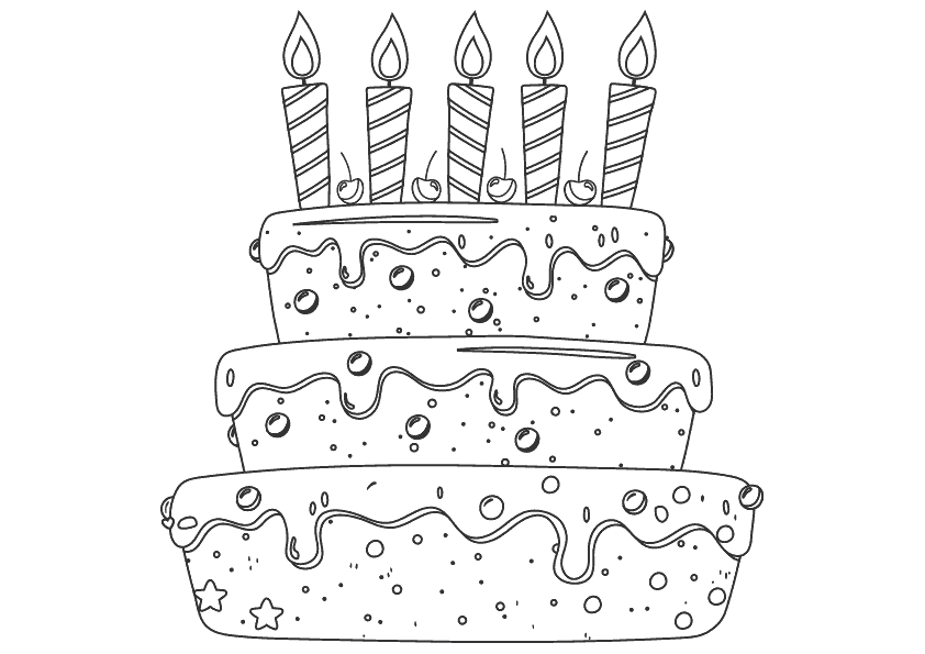 Dibujo para colorear de una tarta de cumpleaños con cinco velas. Birthday cake with five candles coloring pages.